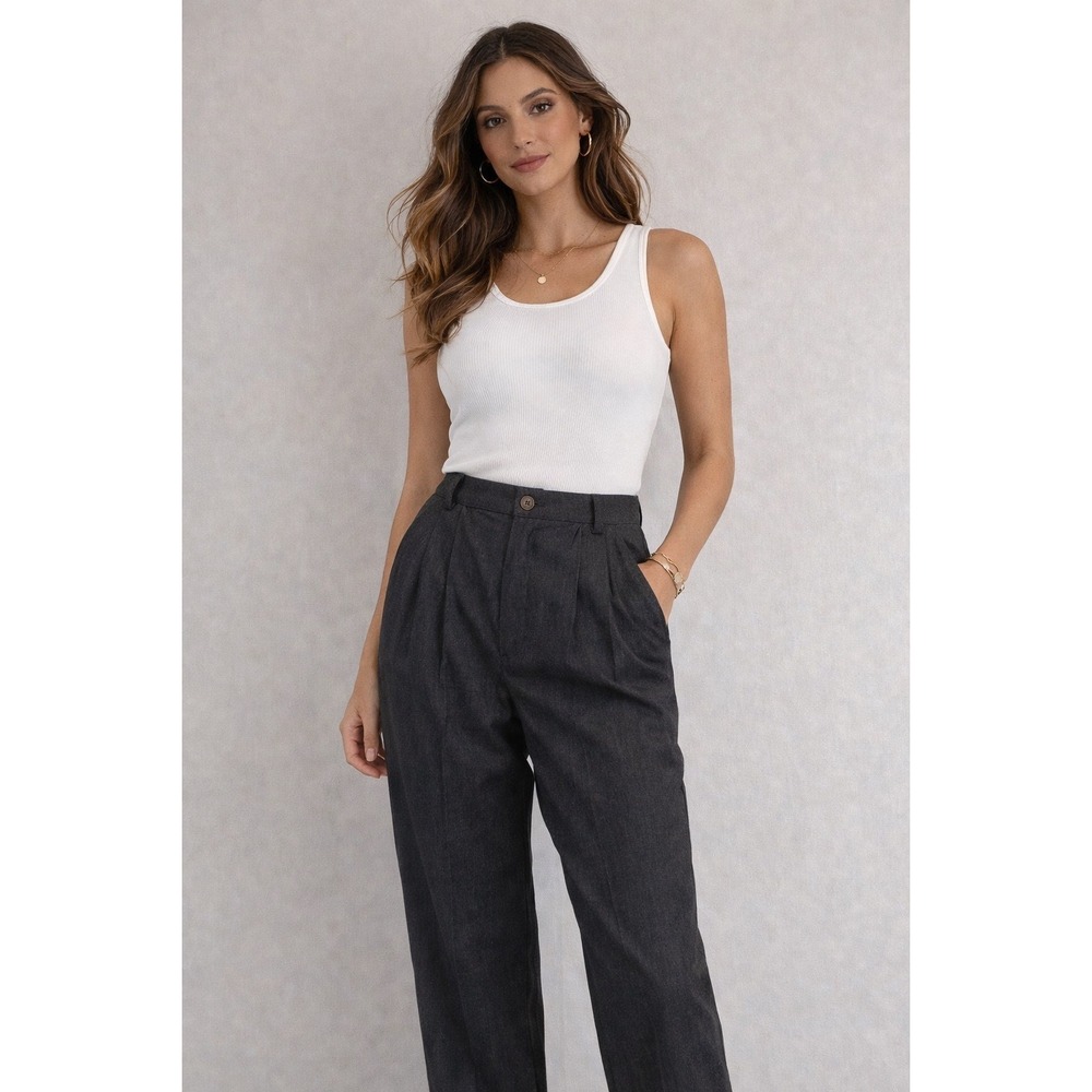 Lands End Womens Charcoal Gray 100% Wool Pleated Cuffed Trousers Pants 14 Petite
